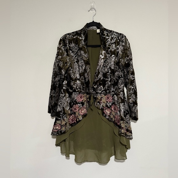 Chico’s Green Floral Velvet Jacket Size 1 Medium Petite Boho Chic Fairy Steam - Picture 1 of 9